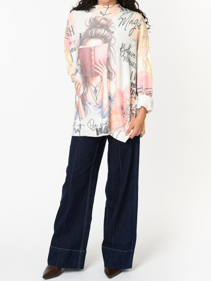 NEW - Chandail blanc et corail avec imprimé de femme