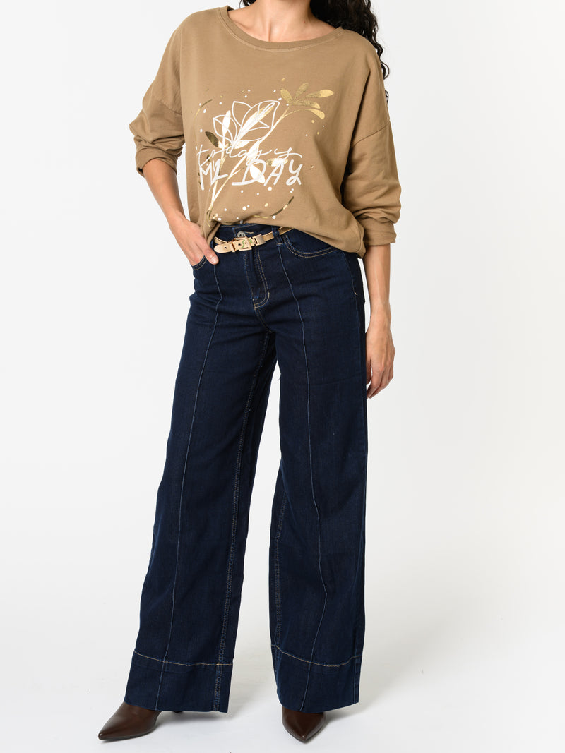 NEW - Chandail camel avec imprimé floral blanc et or