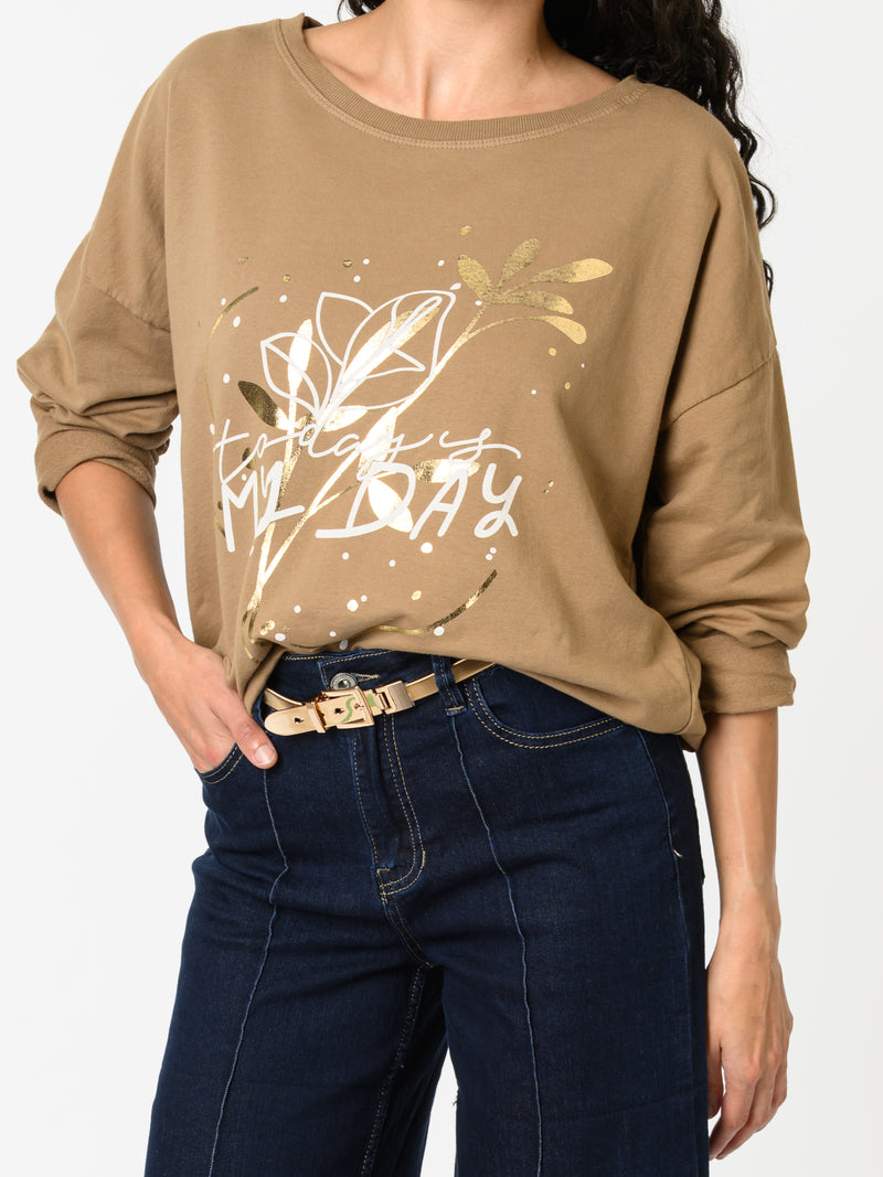 NEW - Chandail camel avec imprimé floral blanc et or