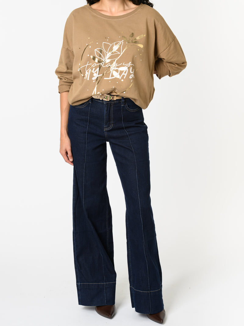 NEW - Chandail camel avec imprimé floral blanc et or