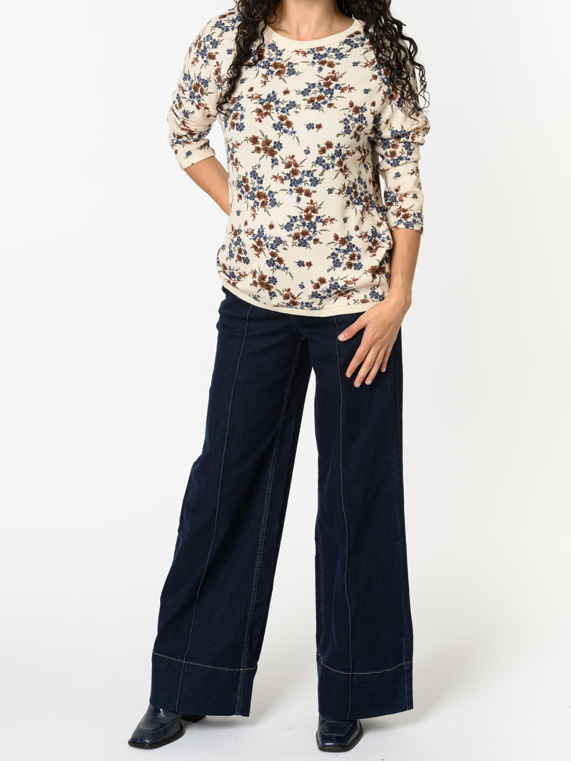 NEW - Chandail blanc crème avec imprimé floral bleu et brun