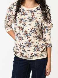 NEW - Chandail blanc crème avec imprimé floral bleu et brun