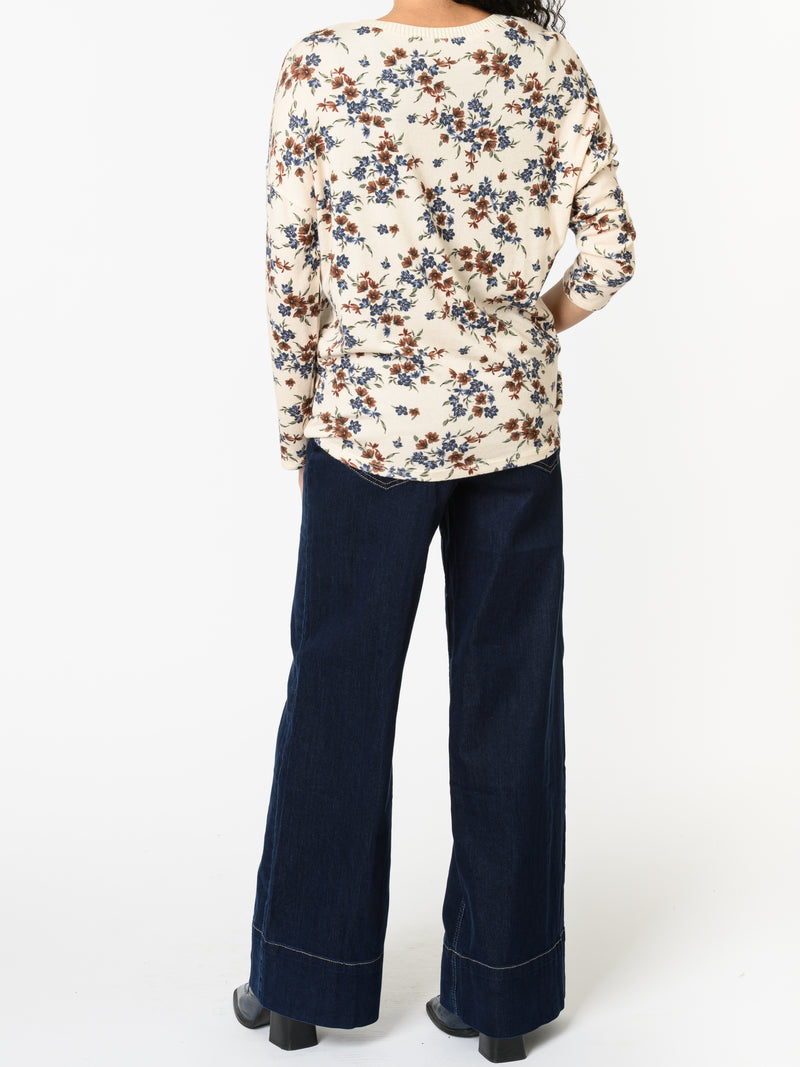 NEW - Chandail blanc crème avec imprimé floral bleu et brun