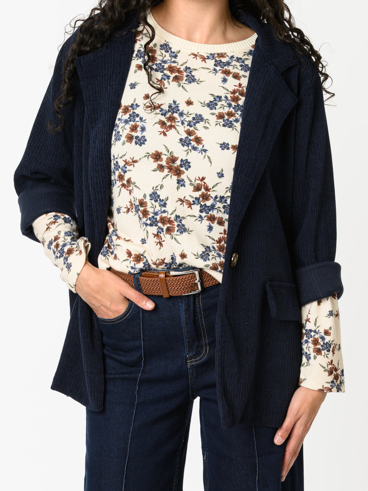 NEW - Chandail blanc crème avec imprimé floral bleu et brun