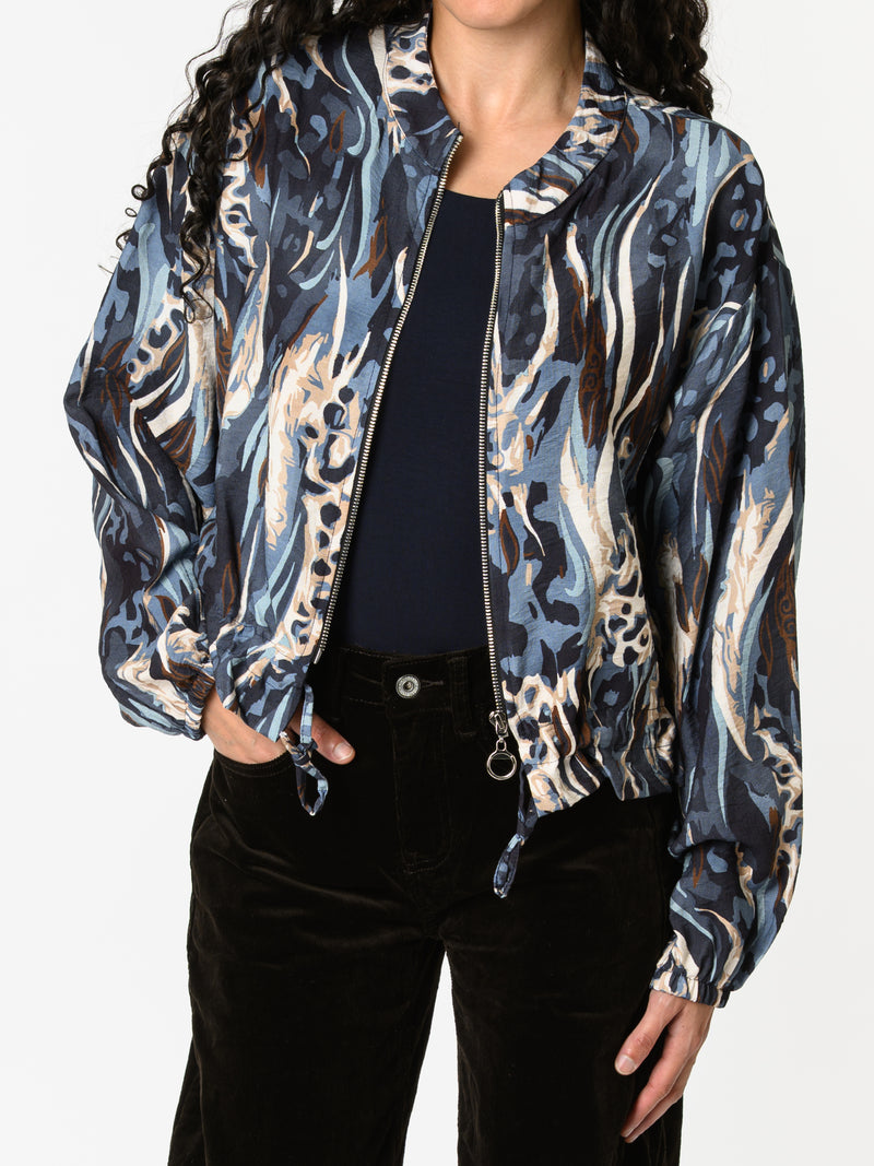 NEW - Veste bomber bleu et beige avec imprimé abstrait