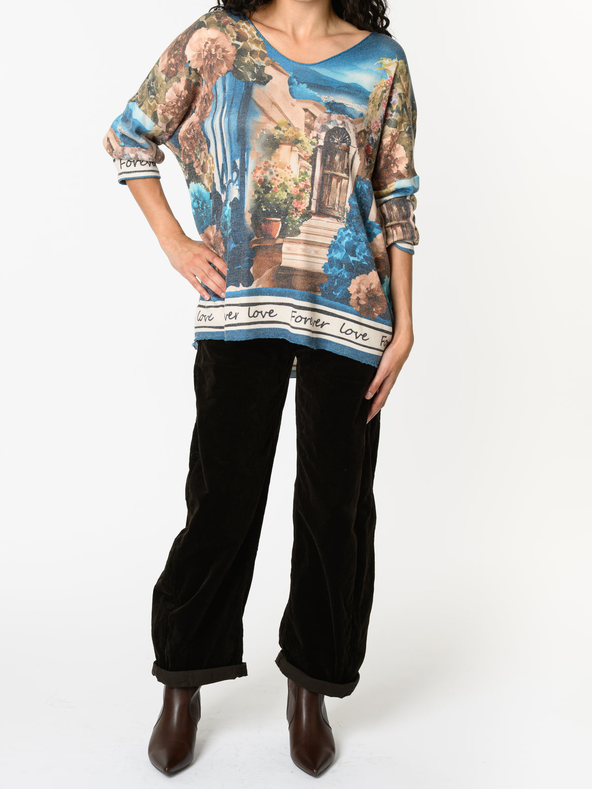 NEW - Chandail bleu turquoise avec imprimé d'extérieur