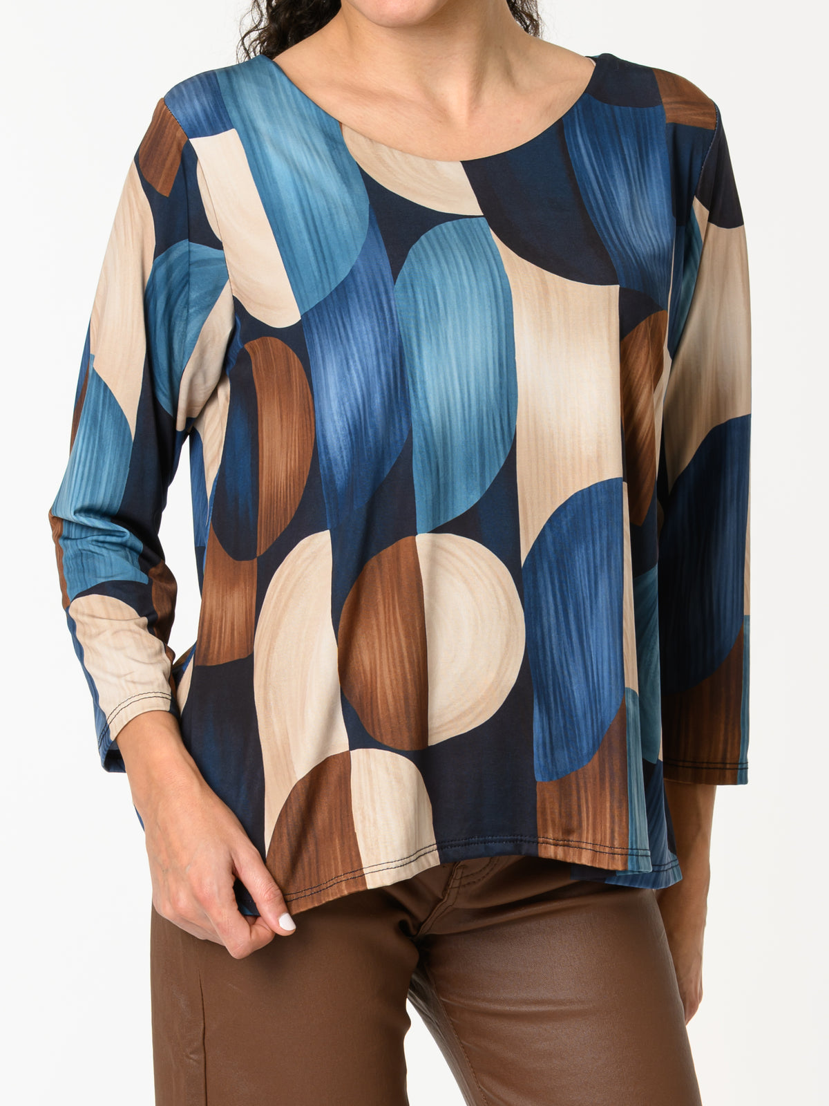 NEW - Chandail bleu avec imprimé géométrique beige et brun