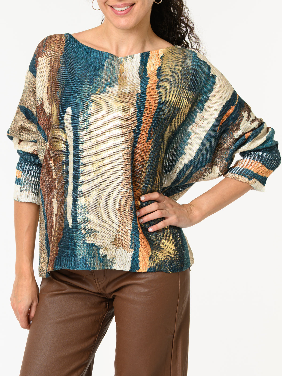 NEW - Chandail bleu sarcelle et beige avec dorures