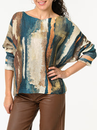 NEW - Chandail bleu sarcelle et beige avec dorures