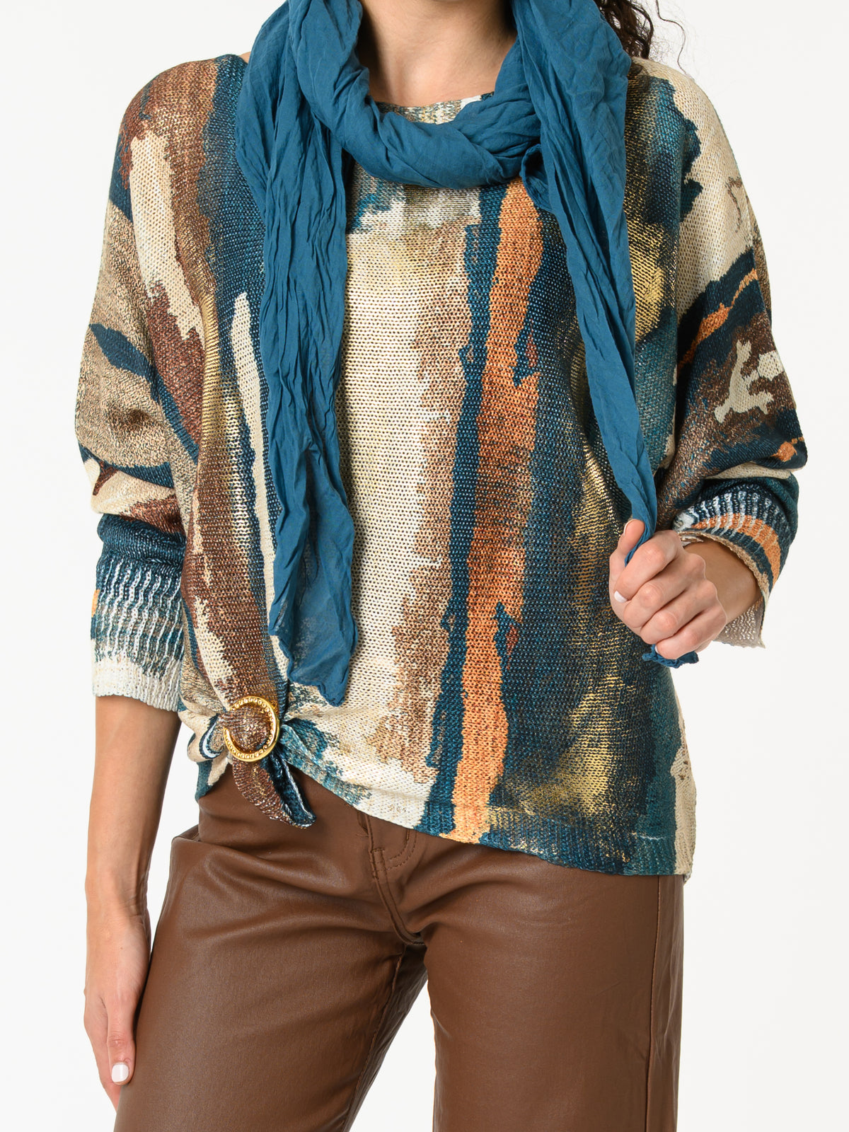 NEW - Chandail bleu sarcelle et beige avec dorures