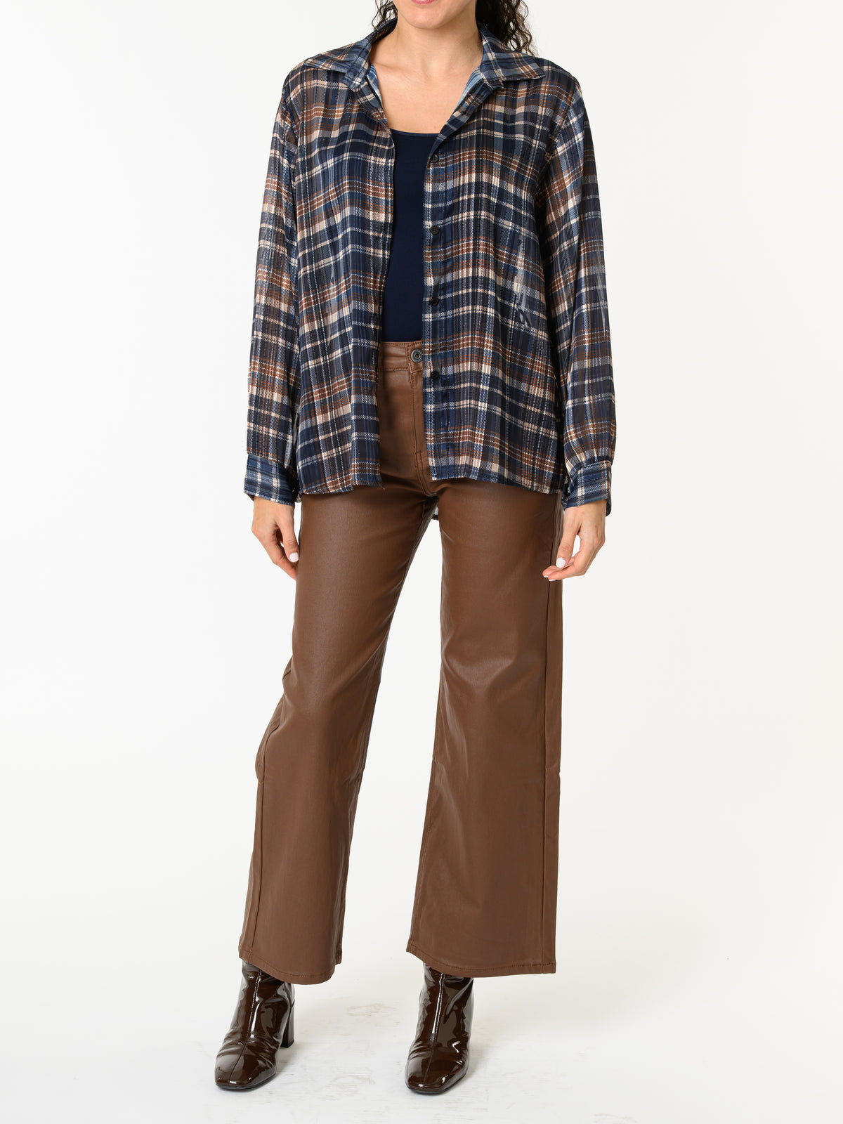 NEW - Chemise bleue à carreaux bruns et beiges