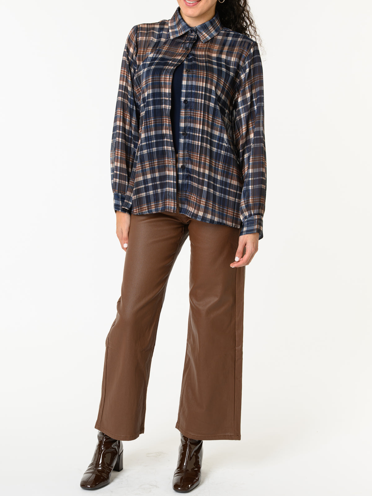 NEW - Chemise bleue à carreaux bruns et beiges