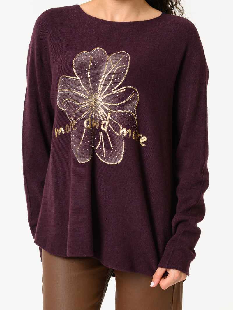 NEW - Chandail prune avec imprimé d'une fleur brillante