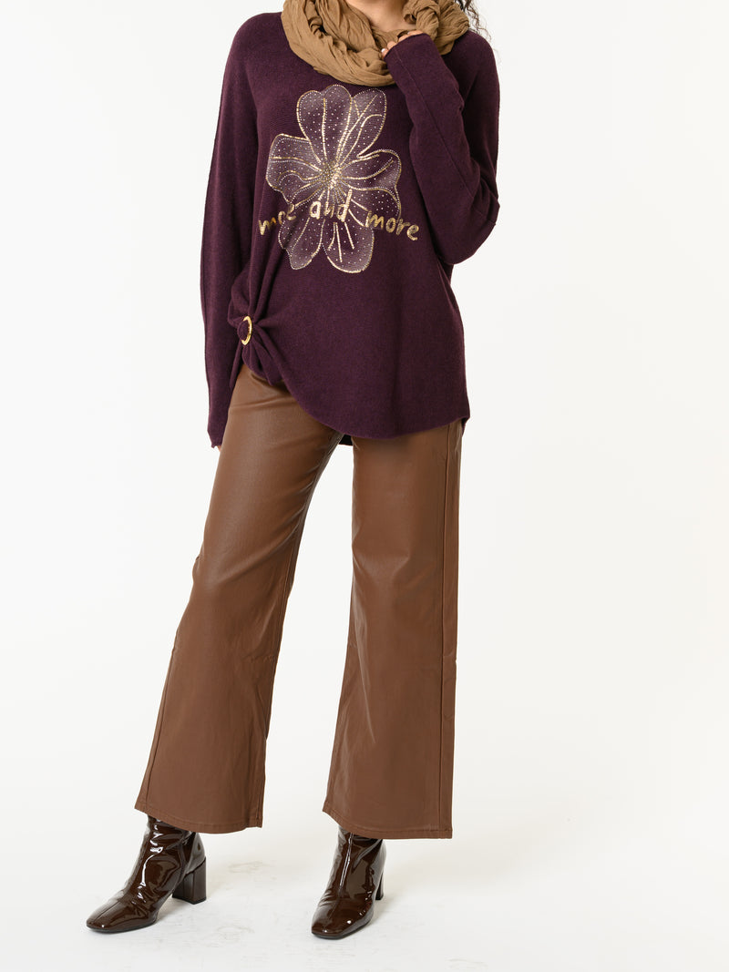 NEW - Chandail prune avec imprimé d'une fleur brillante