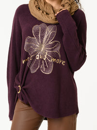 NEW - Chandail prune avec imprimé d'une fleur brillante