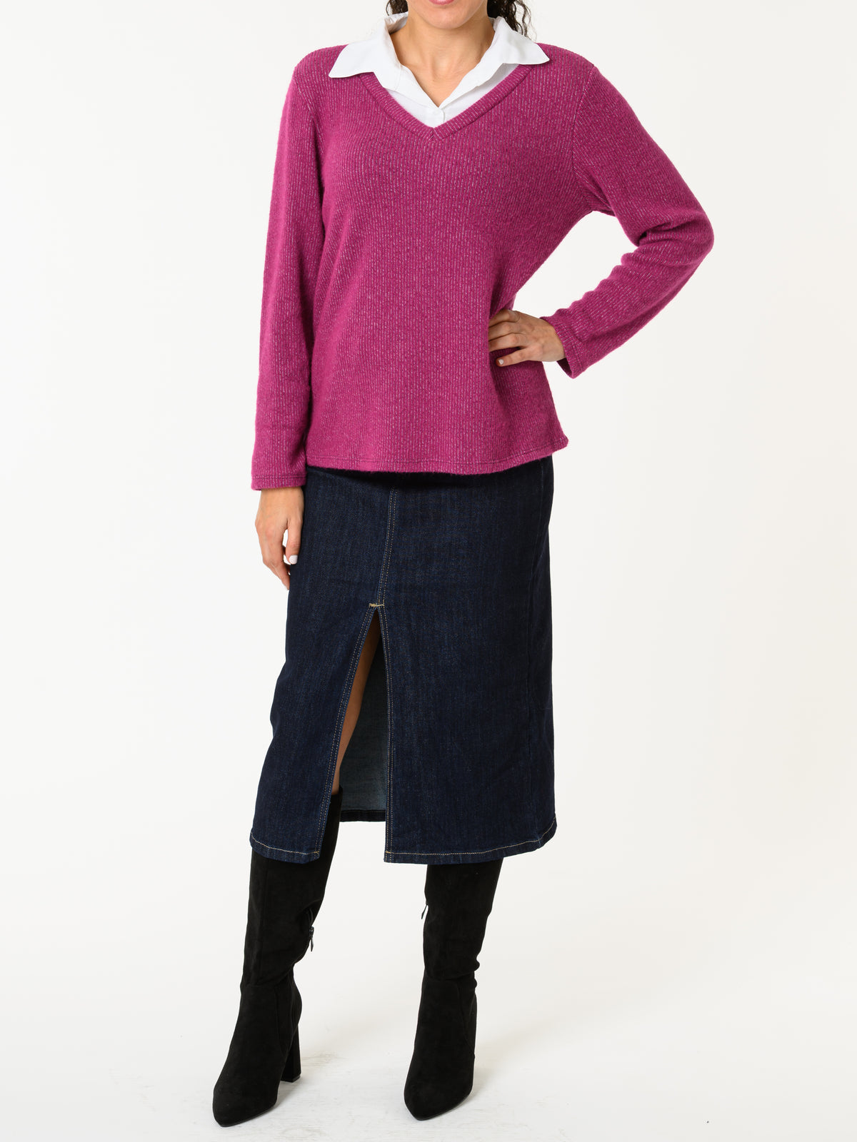 NEW - Chandail fuchsia avec col chemise