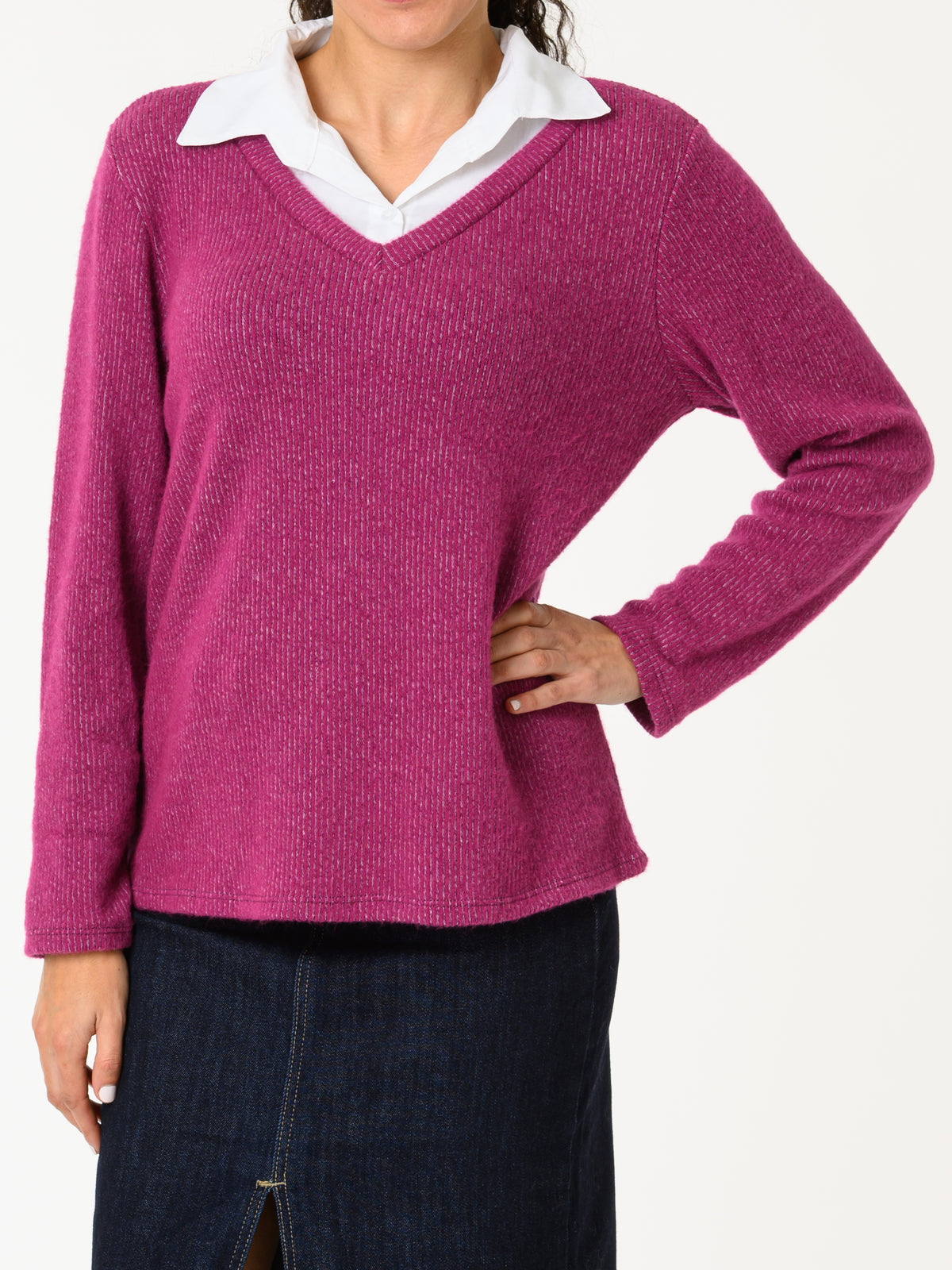 NEW - Chandail fuchsia avec col chemise