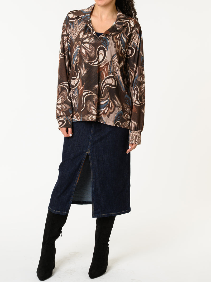 NEW - Blouse brune avec imprimé de plumes