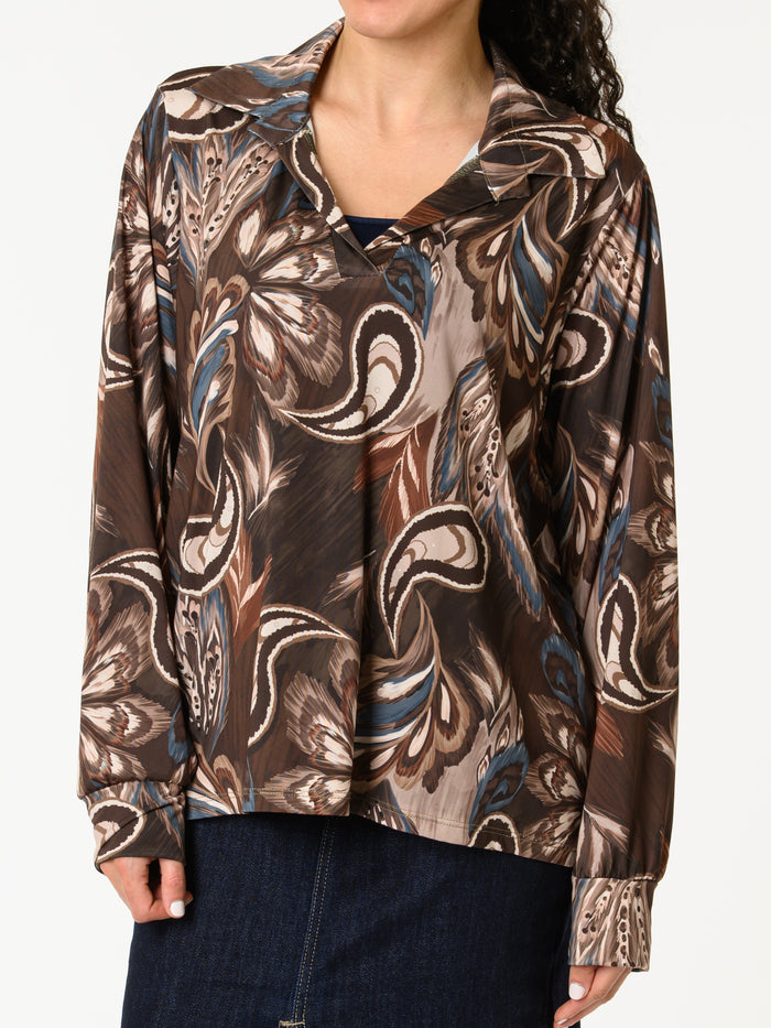 NEW - Blouse brune avec imprimé de plumes