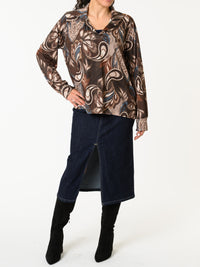 NEW - Blouse brune avec imprimé de plumes