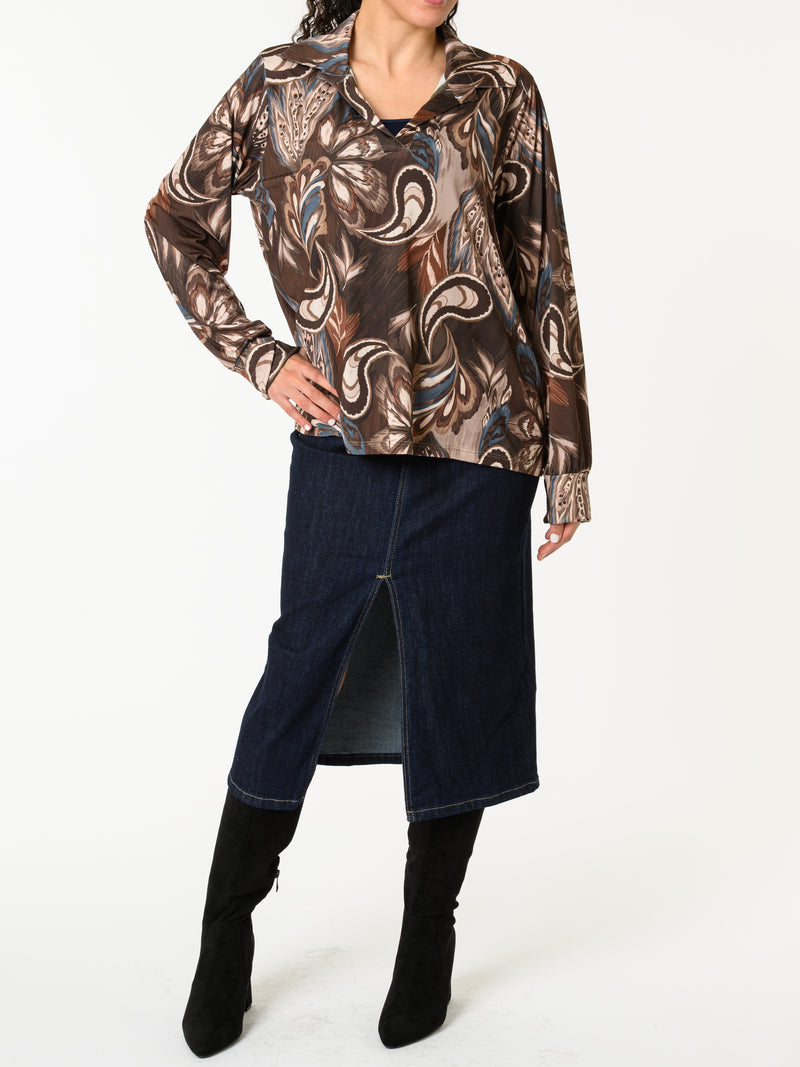 NEW - Blouse brune avec imprimé de plumes