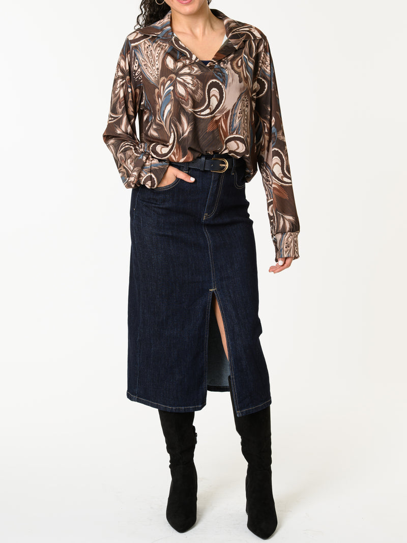 NEW - Blouse brune avec imprimé de plumes