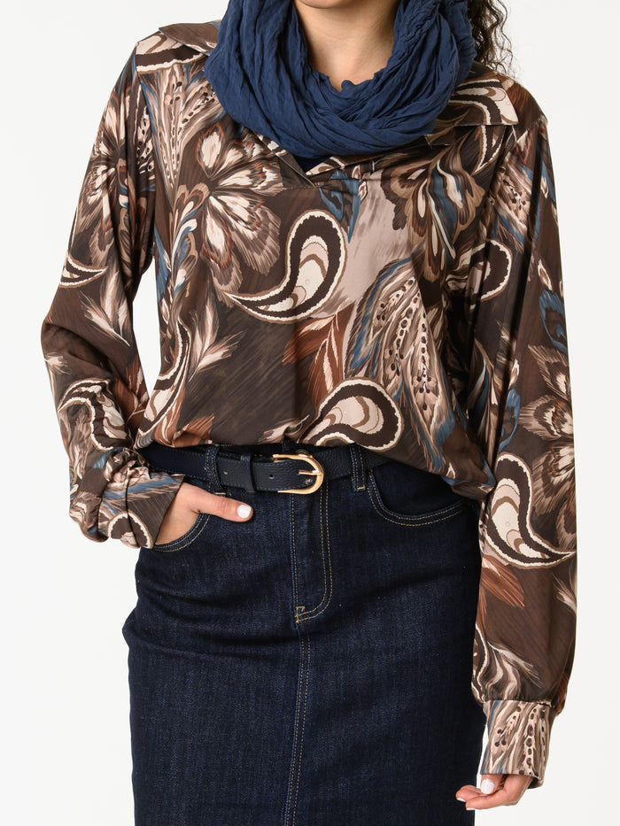 NEW - Blouse brune avec imprimé de plumes