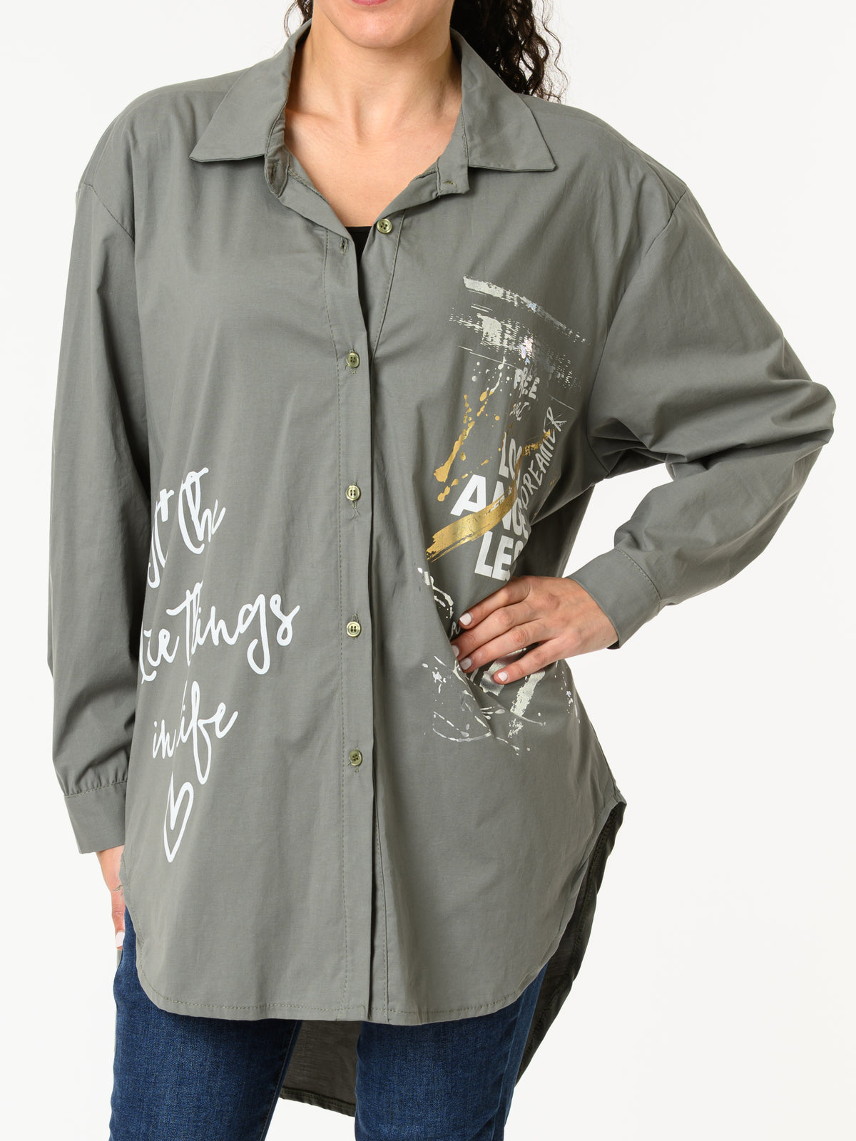 NEW - Chemise kaki avec imprimé d'écritures blanches