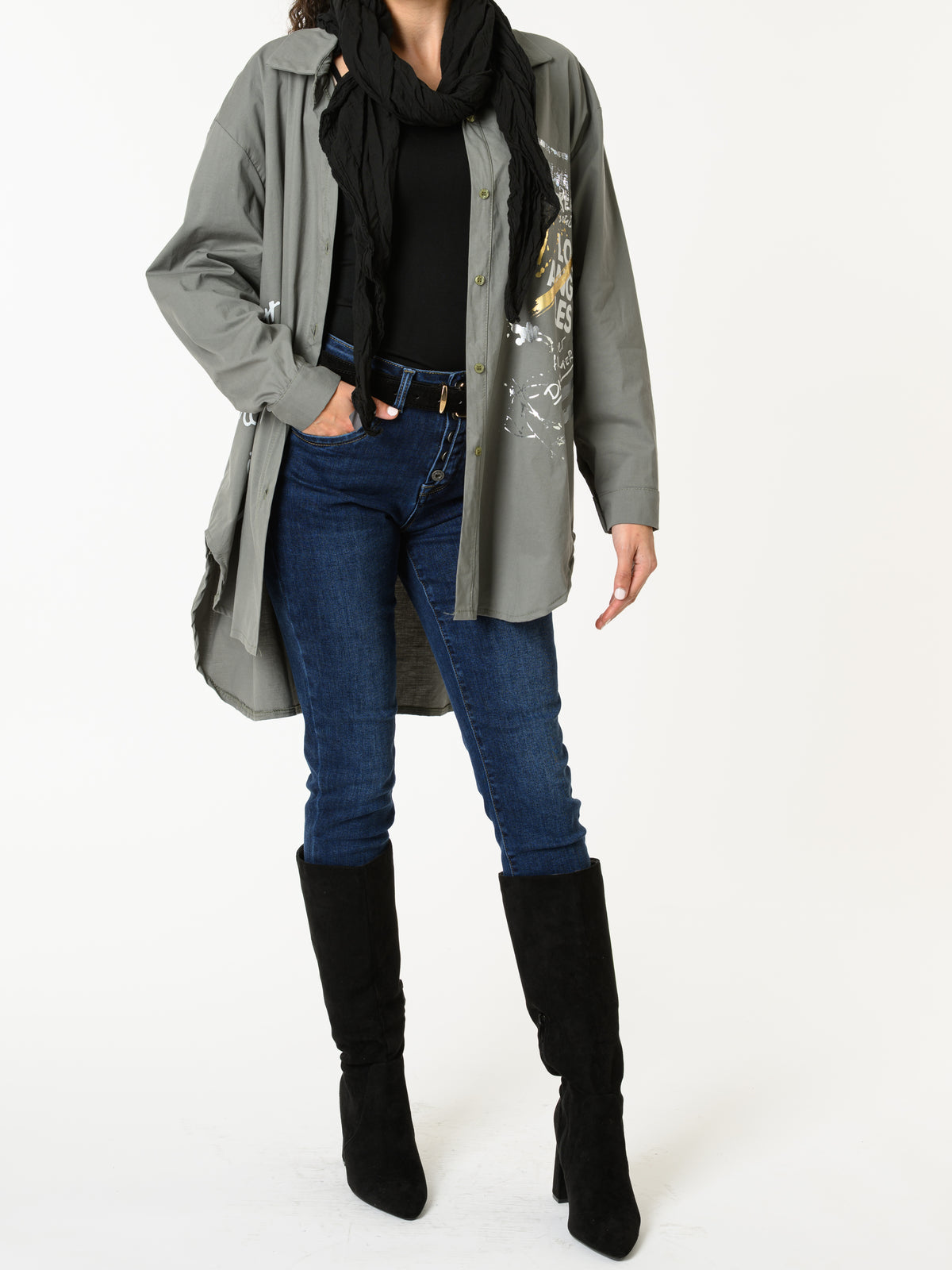 NEW - Chemise kaki avec imprimé d'écritures blanches