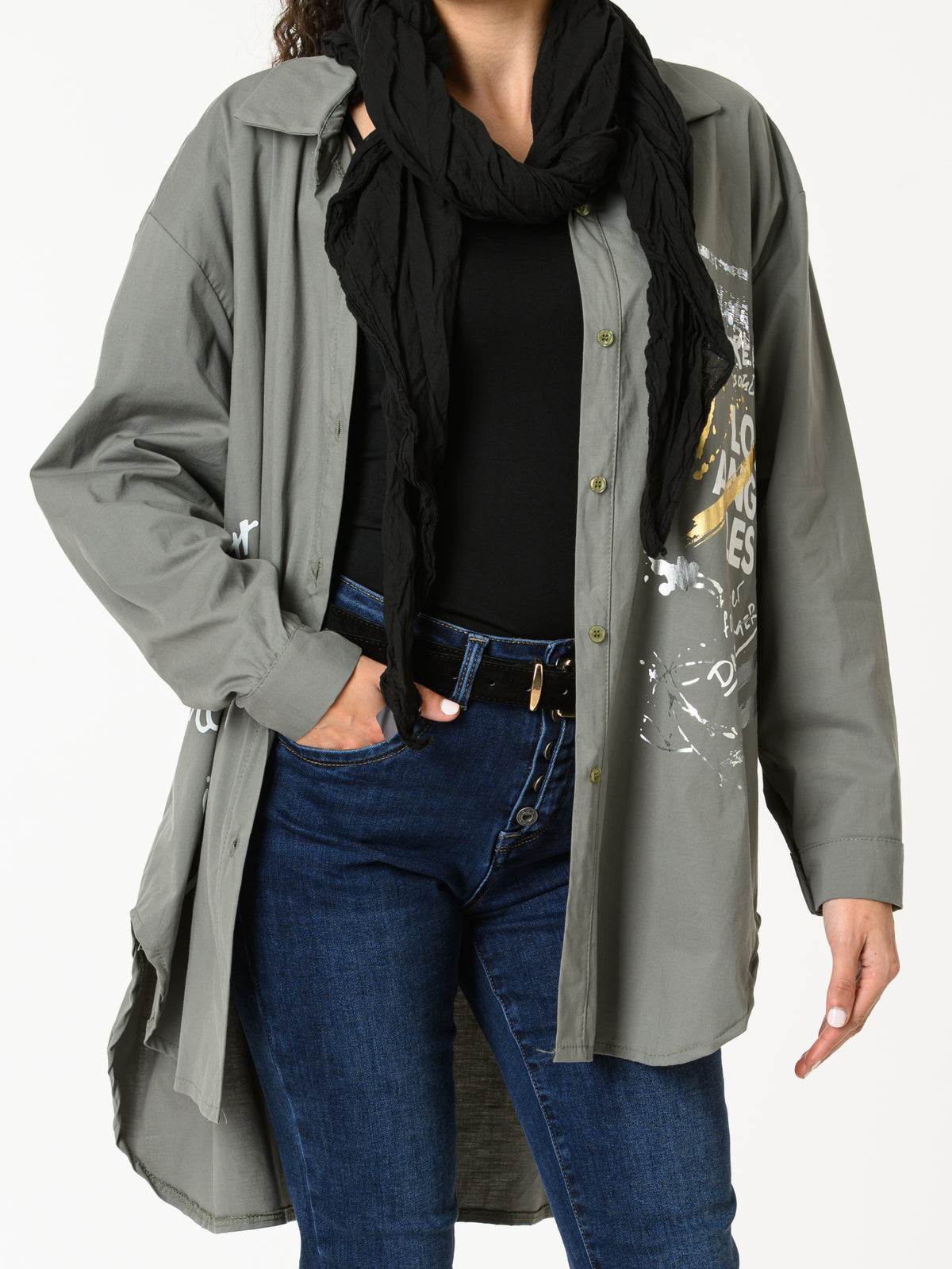 NEW - Chemise kaki avec imprimé d'écritures blanches