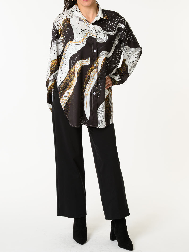 NEW - Chemise blanc et noir avec imprimé d'étoiles et galaxie