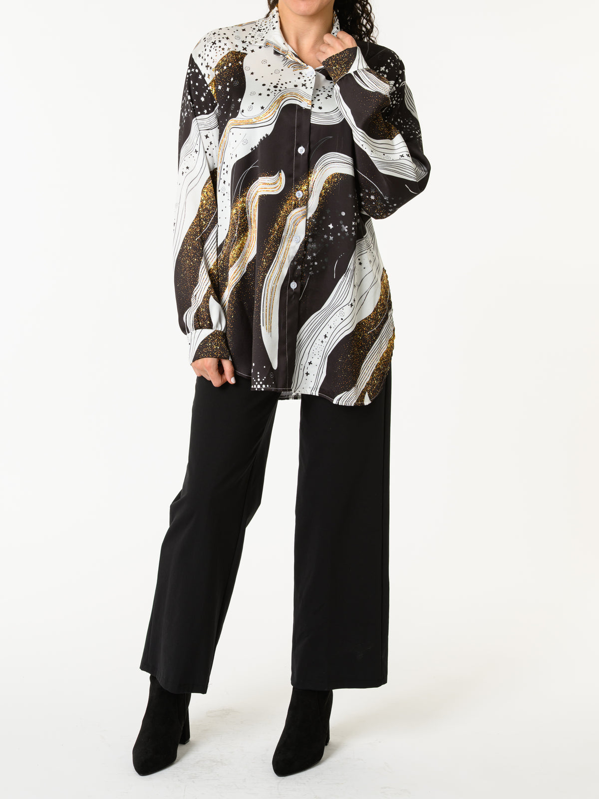 NEW - Chemise blanc et noir avec imprimé d'étoiles et galaxie