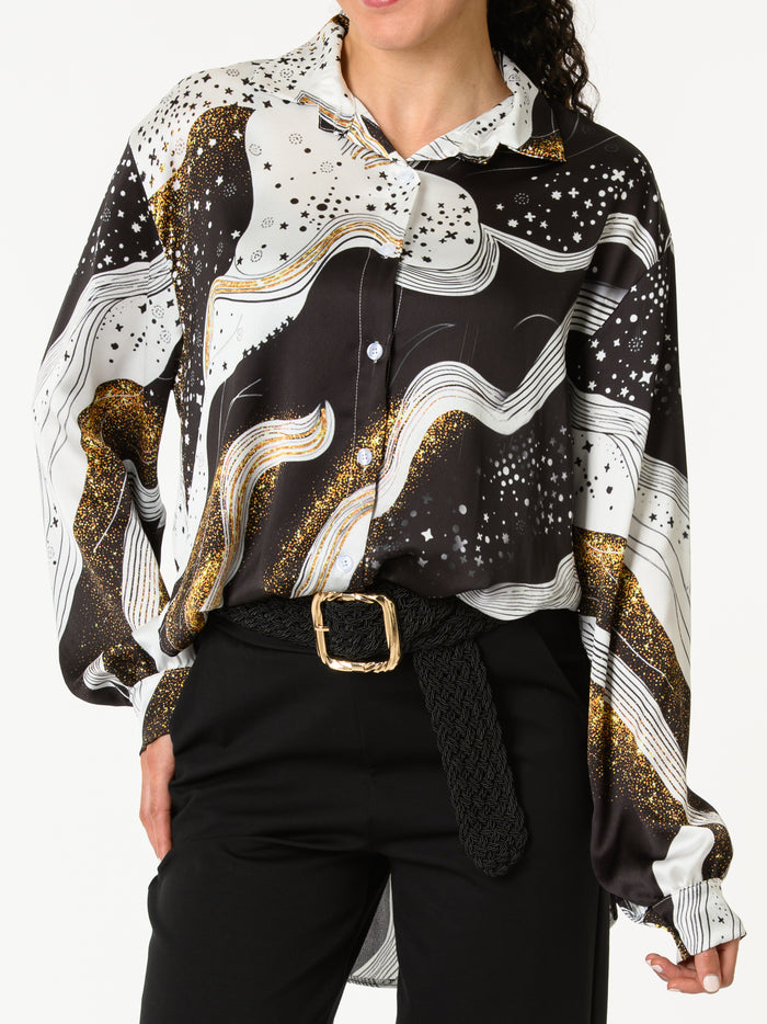 NEW - Chemise blanc et noir avec imprimé d'étoiles et galaxie