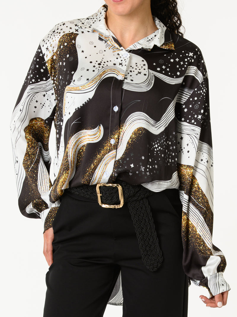 NEW - Chemise blanc et noir avec imprimé d'étoiles et galaxie