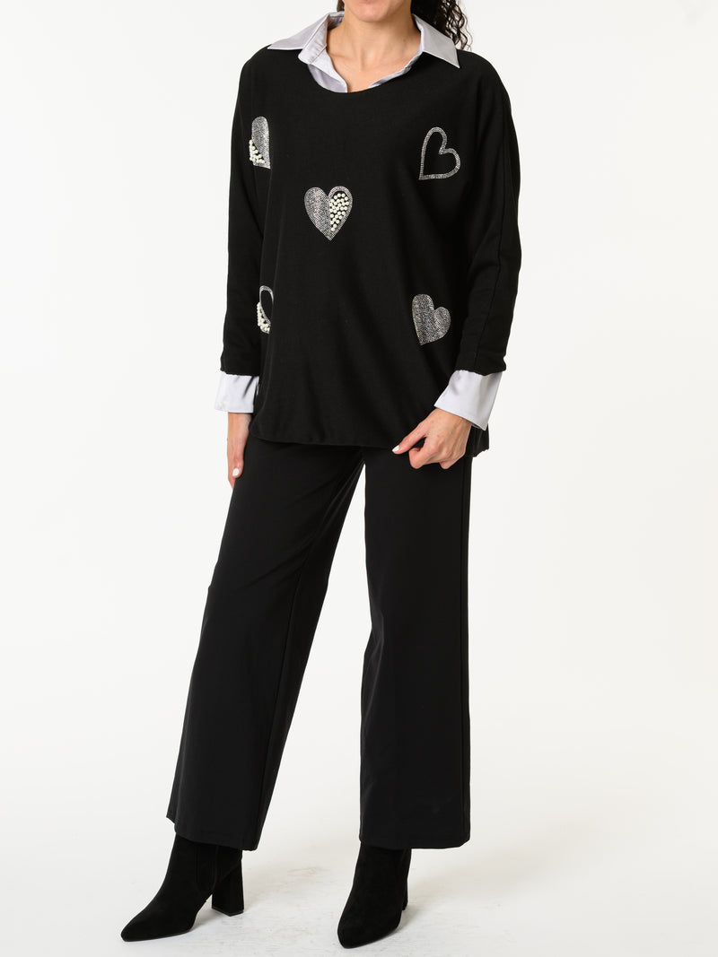 NEW - Chandail noir avec cœurs argentés