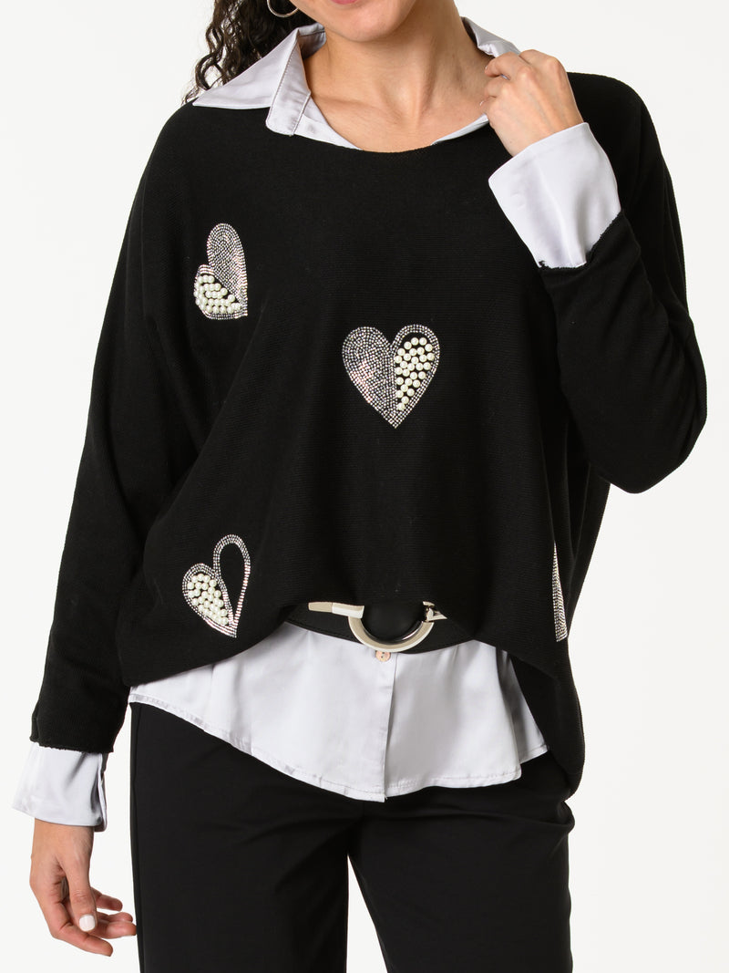 NEW - Chandail noir avec cœurs argentés