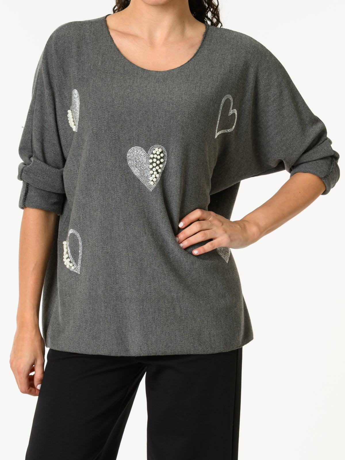 NEW - Chandail gris avec cœurs argentés