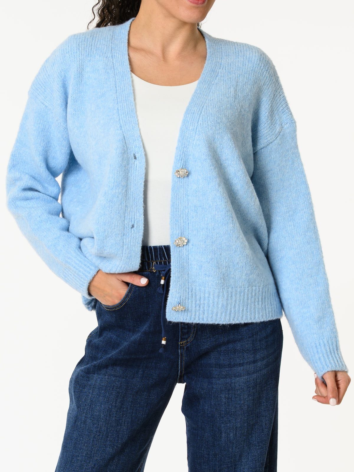 NEW - Veste bleu ciel avec boutons en forme de fleur