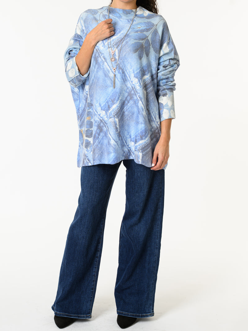 NEW - Chandail bleu et blanc avec imprimé de feuilles