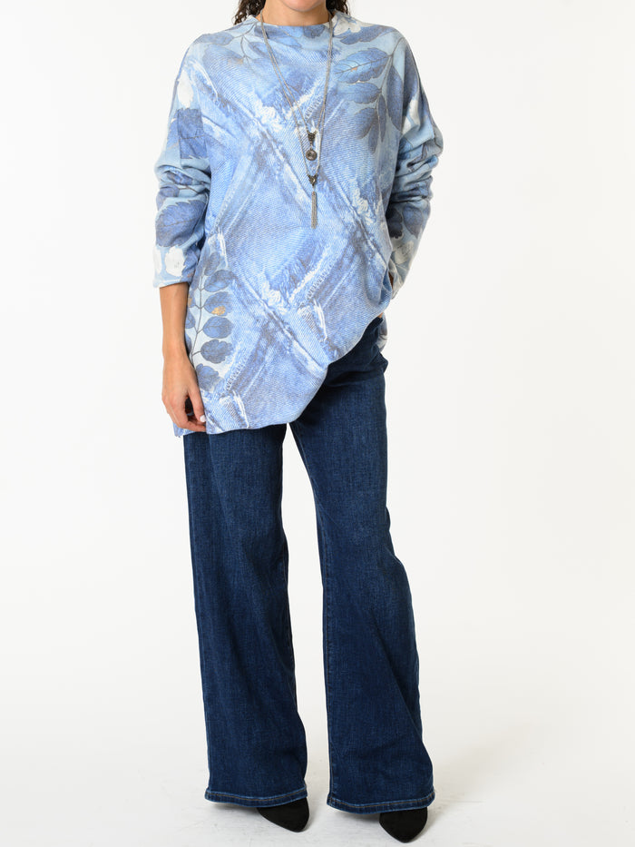 NEW - Chandail bleu et blanc avec imprimé de feuilles