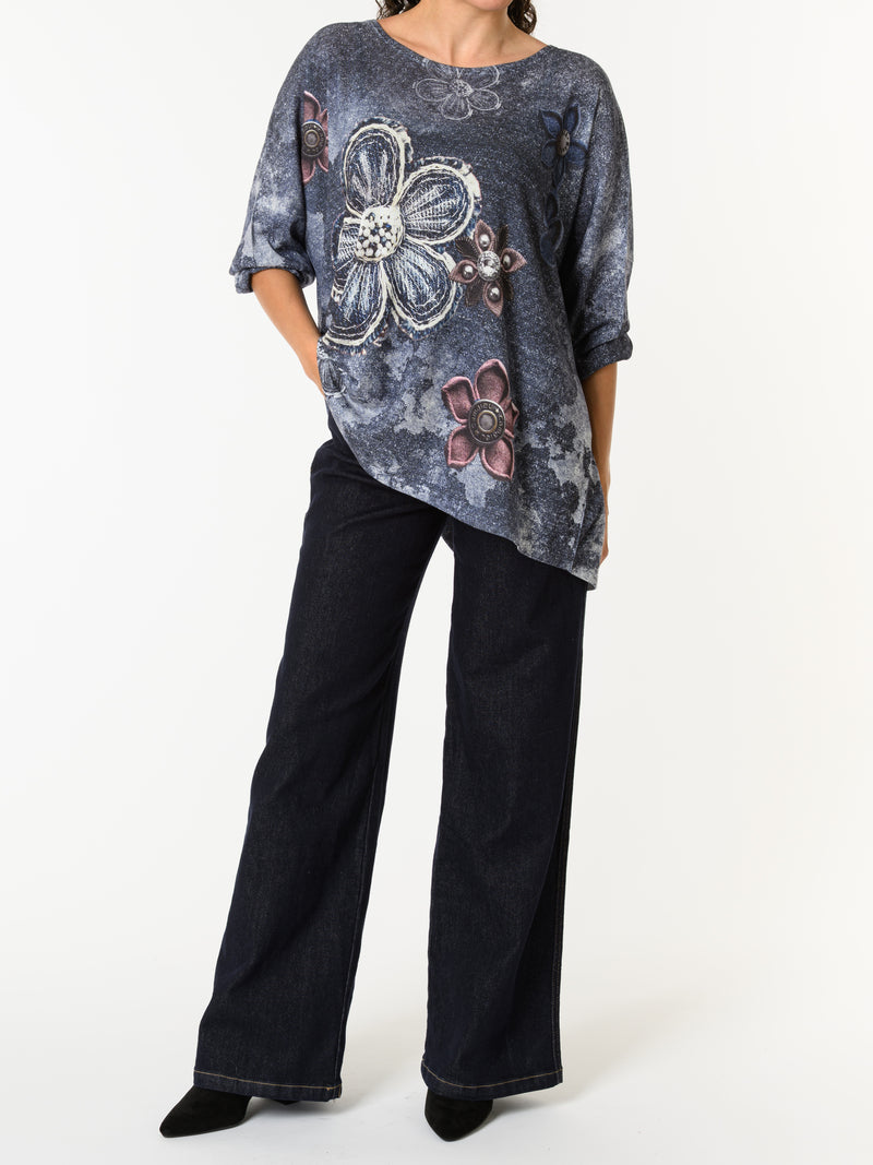 NEW - Chandail marine avec imprimé de fleurs