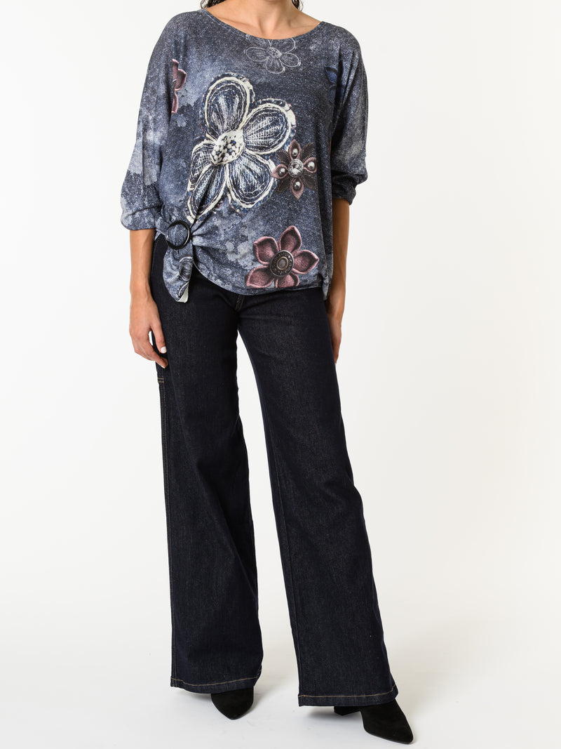 NEW - Chandail marine avec imprimé de fleurs