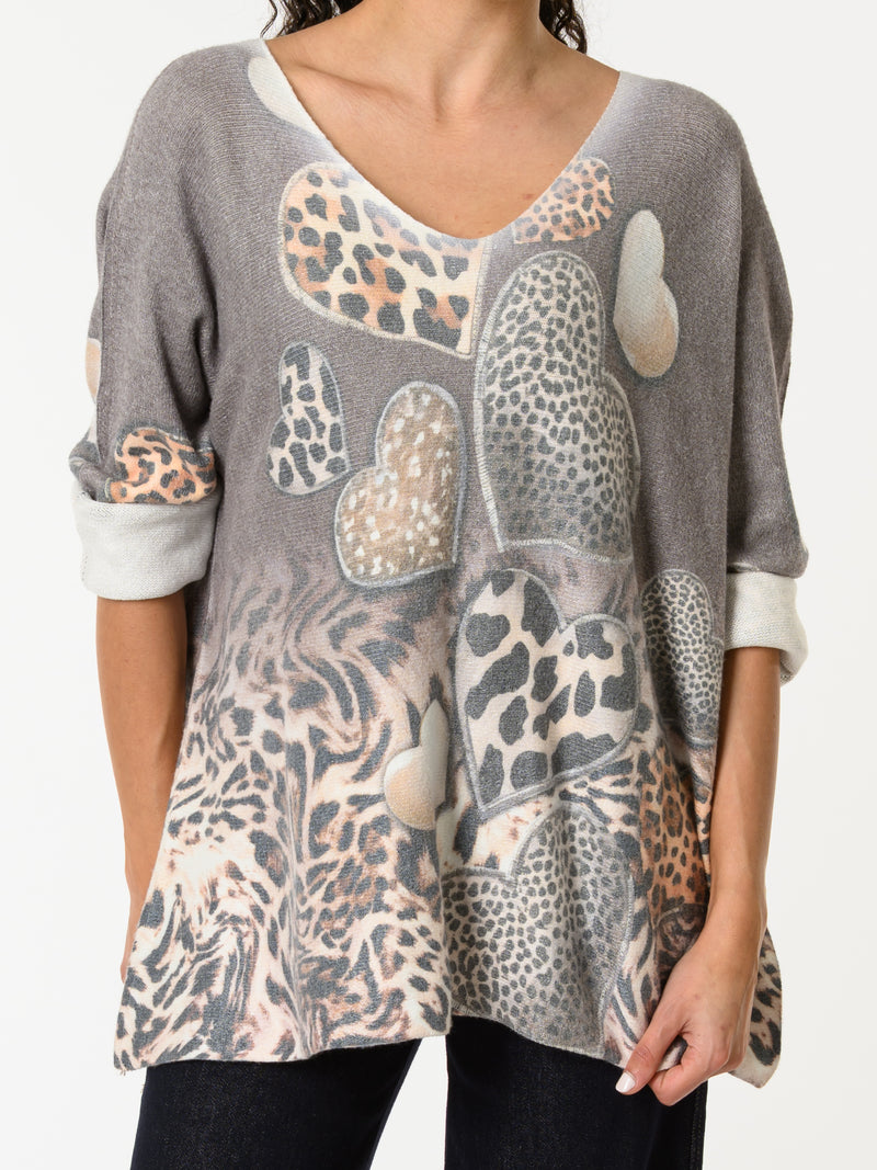 NEW - Chandail gris avec imprimé de cœurs léopard