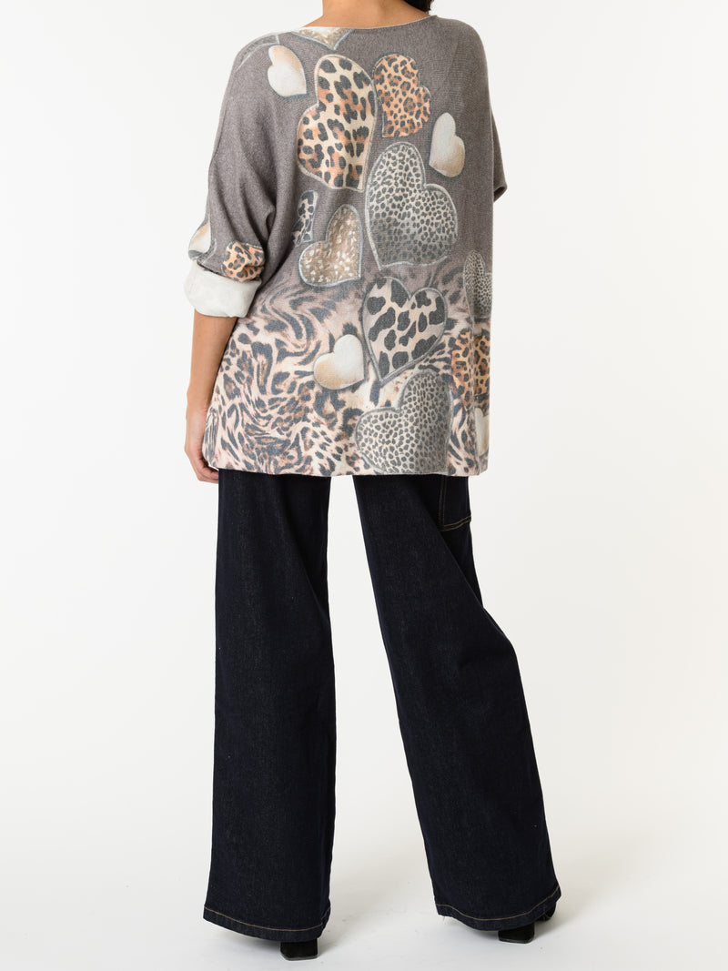 NEW - Chandail gris avec imprimé de cœurs léopard