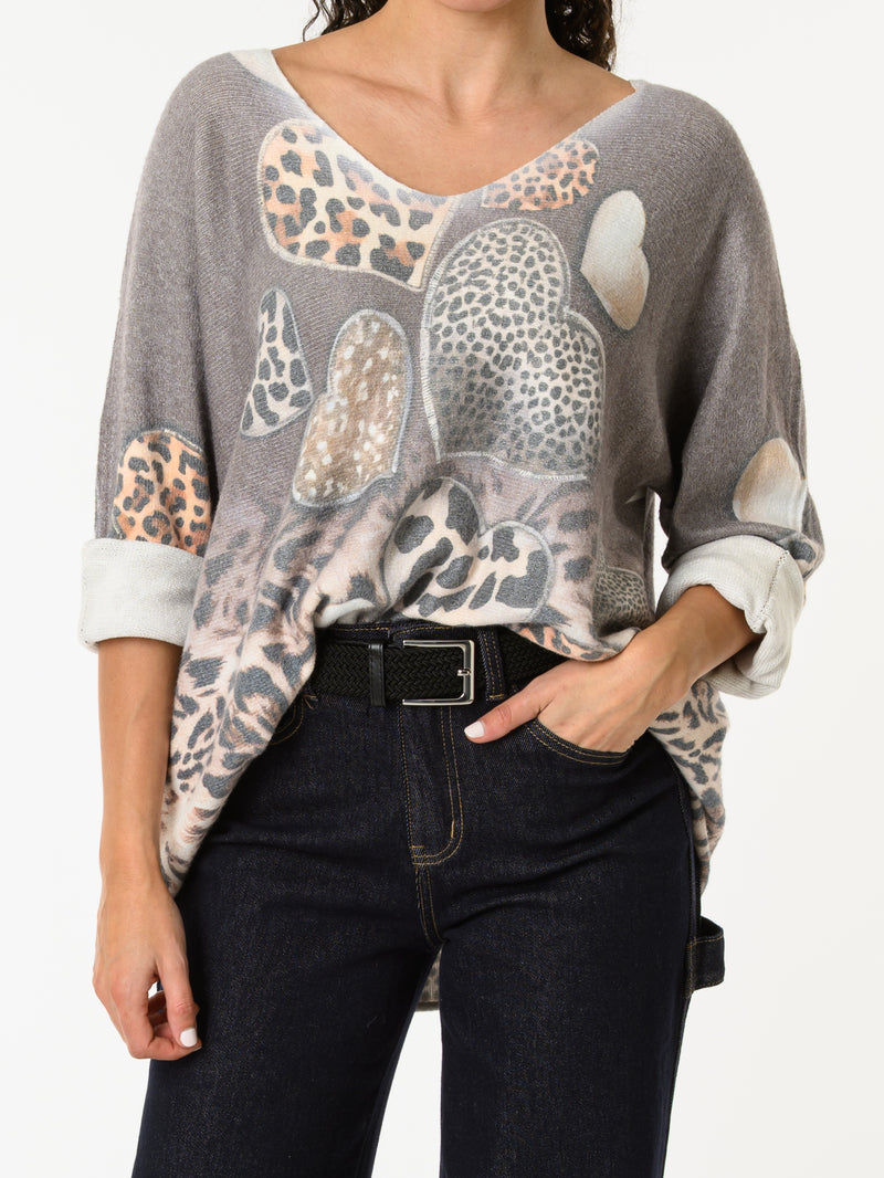 NEW - Chandail gris avec imprimé de cœurs léopard