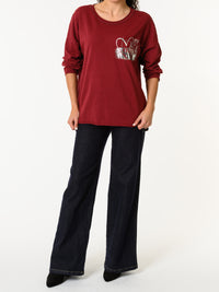 NEW - Chandail bourgogne avec imprimé argenté