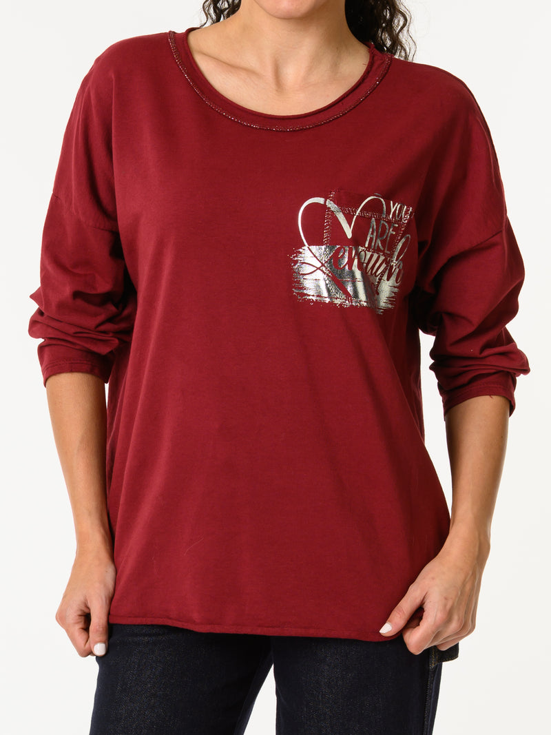 NEW - Chandail bourgogne avec imprimé argenté