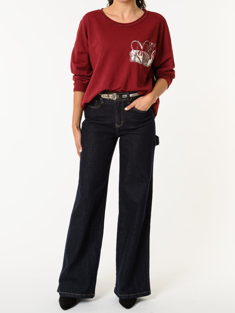 NEW - Chandail bourgogne avec imprimé argenté