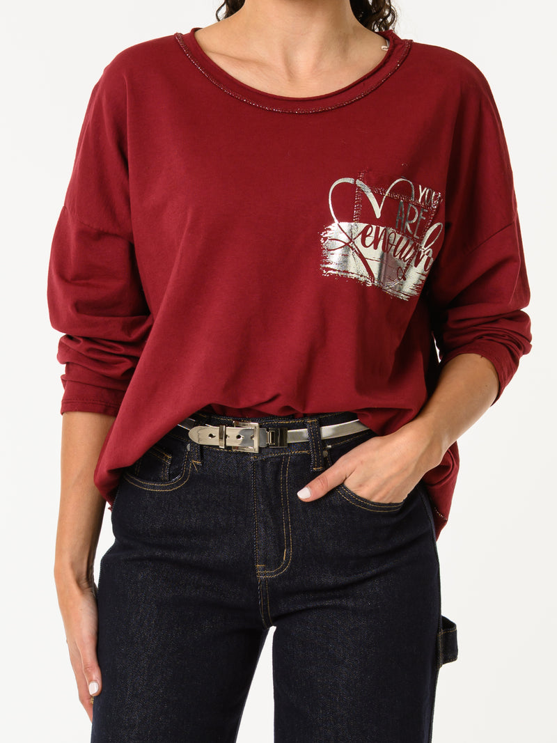 NEW - Chandail bourgogne avec imprimé argenté