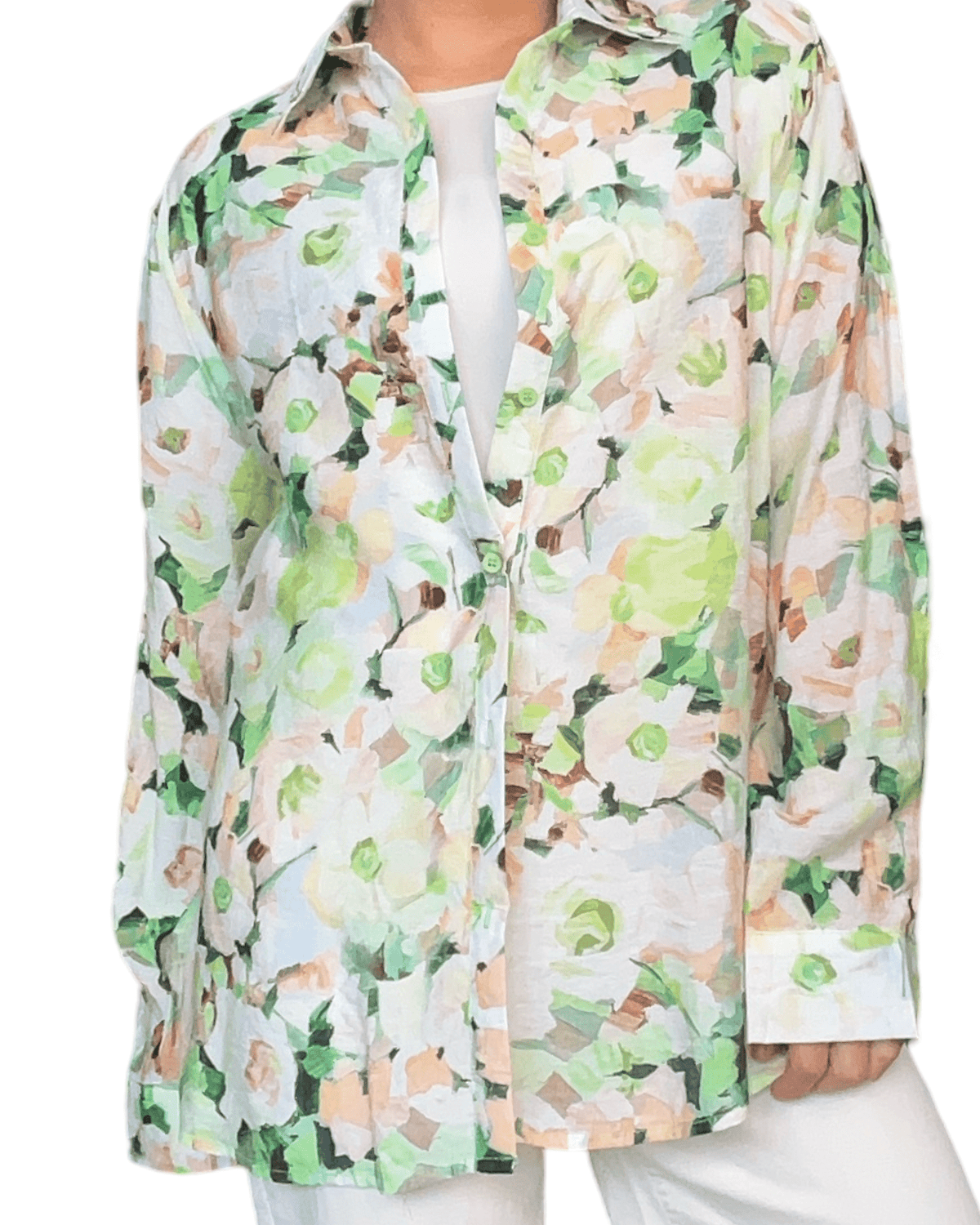 Chemise avec imprimé floral vert et beige pour femme.